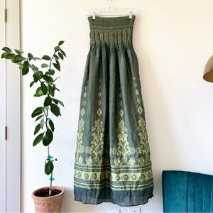 SOLD strapless OS lapis green hippie floral midi smocked dress #0002